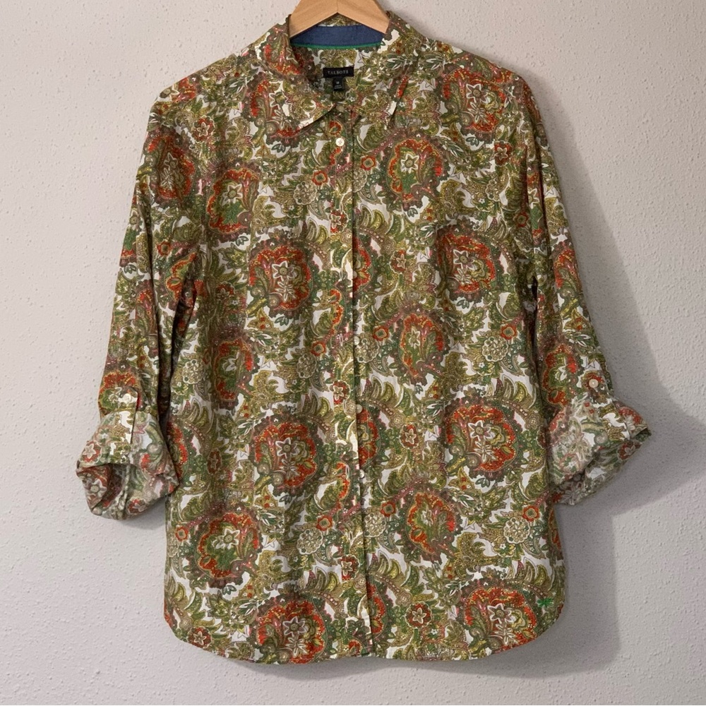 Talbots Paisley Cotton Button Down Shirt Green-Multi Print Plus Size 18